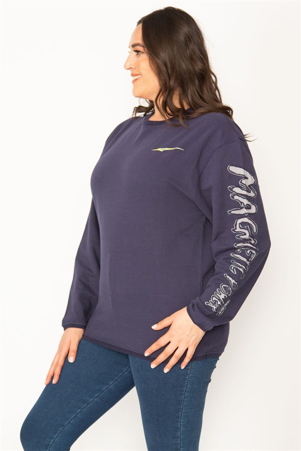 Women's Navy Blue Cotton Fabric Sleeve Applique Sweatshirt 65N31025