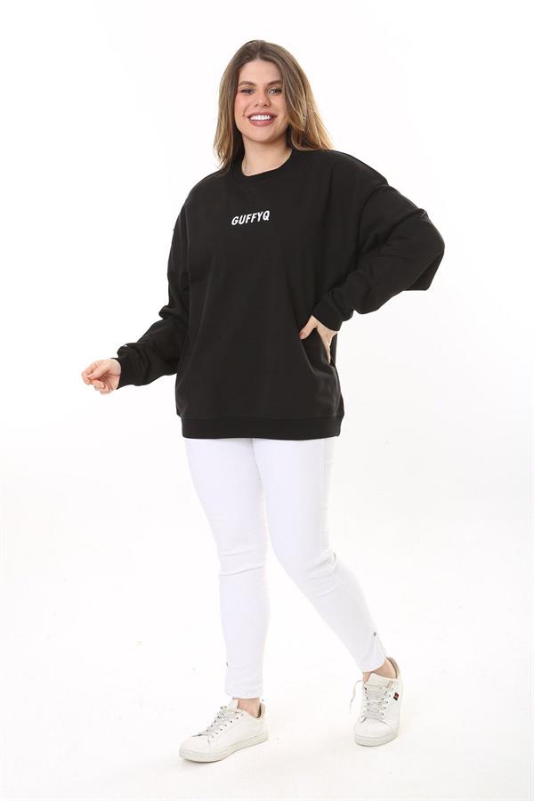 Kadın Büyük Beden Siyah Pamuk Kumaş Nakış Yazılı Sweatshirt 65N37616