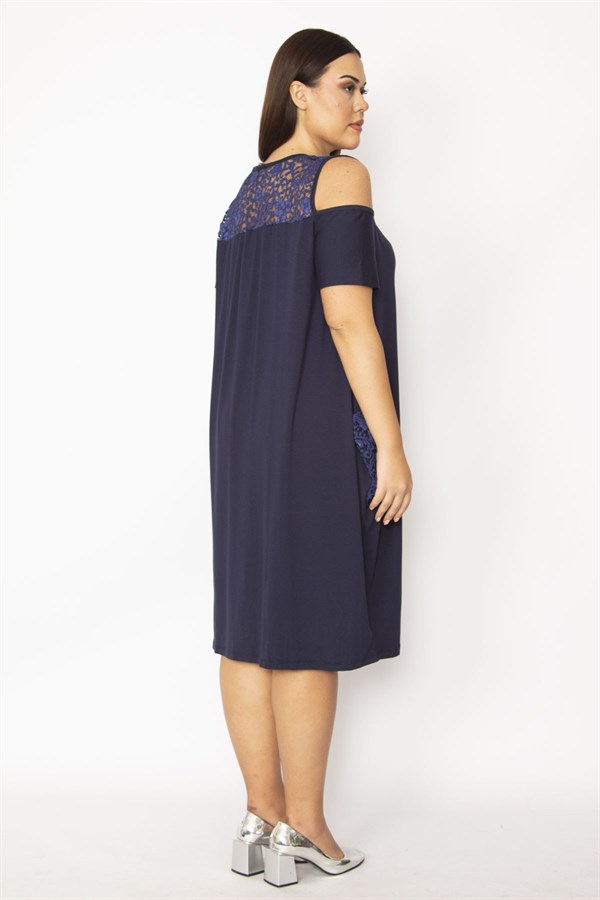 Kadın Lacivert Cep Ve Ön Arka Robası Dantel Omuz Dekolteli Elbise 65N29528