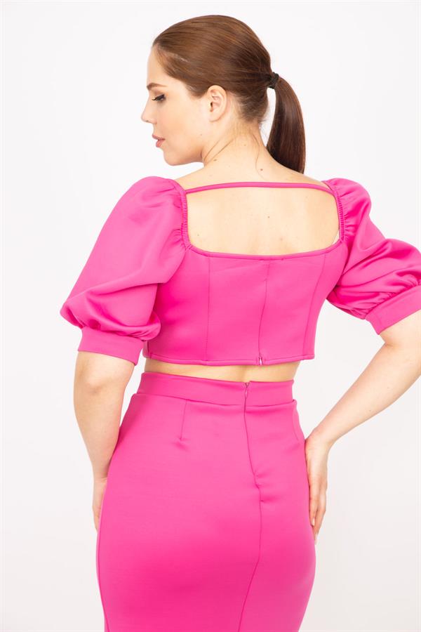 Kadın Fujya Büyük Beden Yaka Ve Kolu Lastik Detaylı Scuba Kumaç Crop