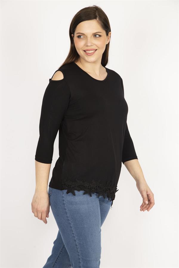 Kadın Siyah Büyük Beden Tek Omuz Dekolteli Etek Ucu Dantel Bluz