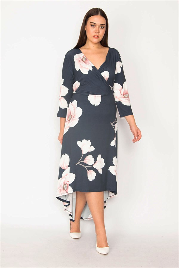 ROBE FEMME BLEU MARINE À COL CACHÉ ET DOS LONG