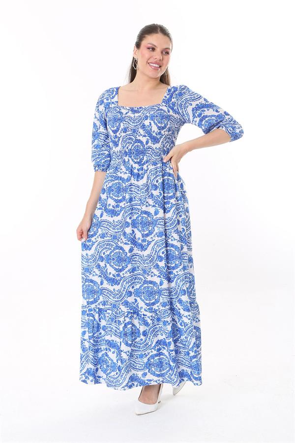 Kadın Büyük Beden Mavi Göğüs Kısmı Gipe Lastikli Etek Ucu Katlı Uzun Elbise 65N37737