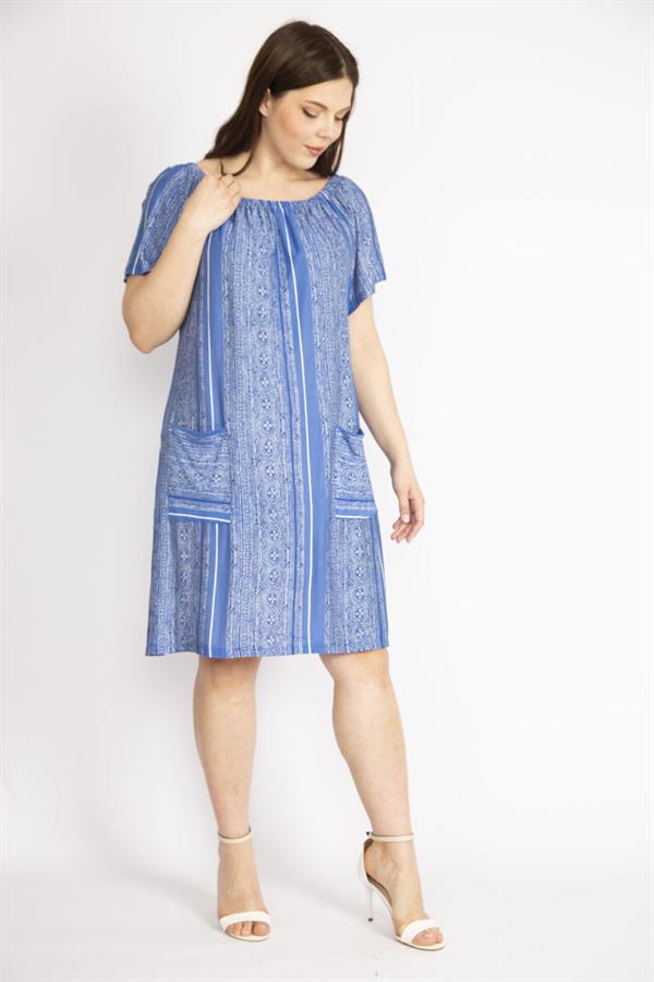 Kadın Mavi Büyük Beden Yakası Lastik Detaylı Ön Cepli Elbise