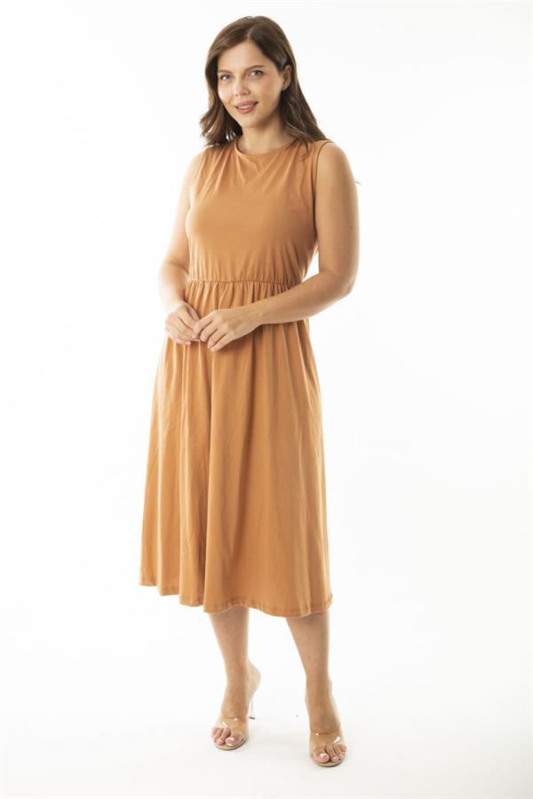 Kadın Büyük Beden Oranj Beli Lastik Detaylı Kolsuz Elbise 65N36903