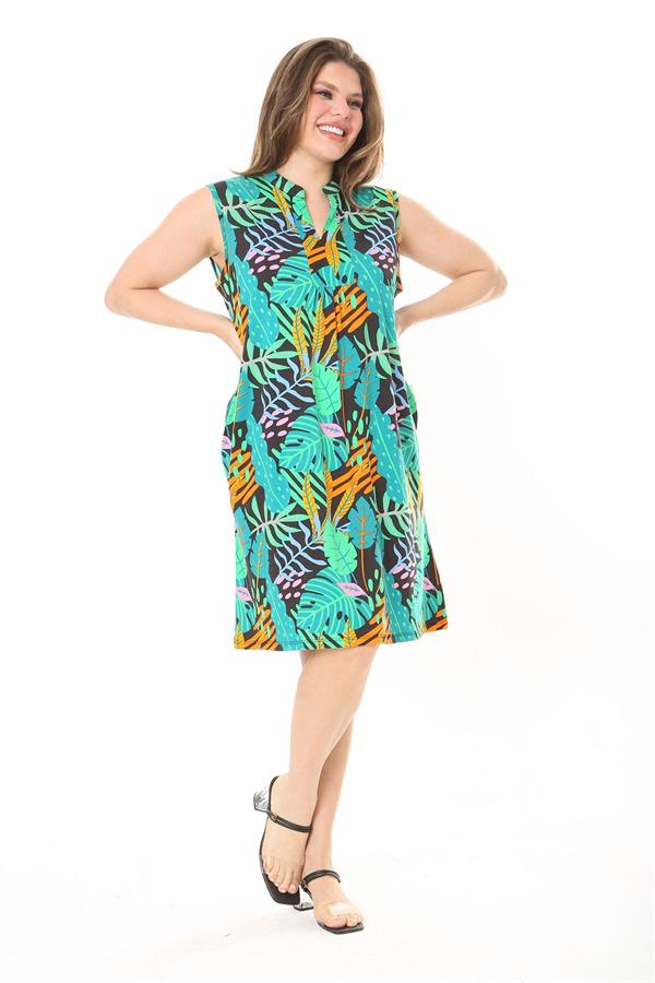 Kadın Büyük Beden Yeşil V Yakalı Desenli Kolsuz Elbise 65N37886