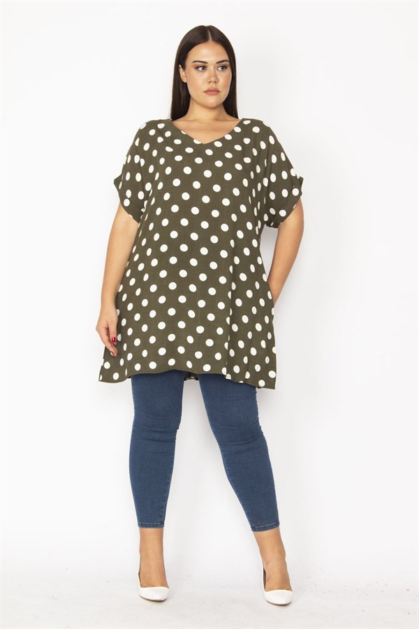 Kadın Haki V Yakalı Duble Kollu Puan Desenli Tunik 65N35337