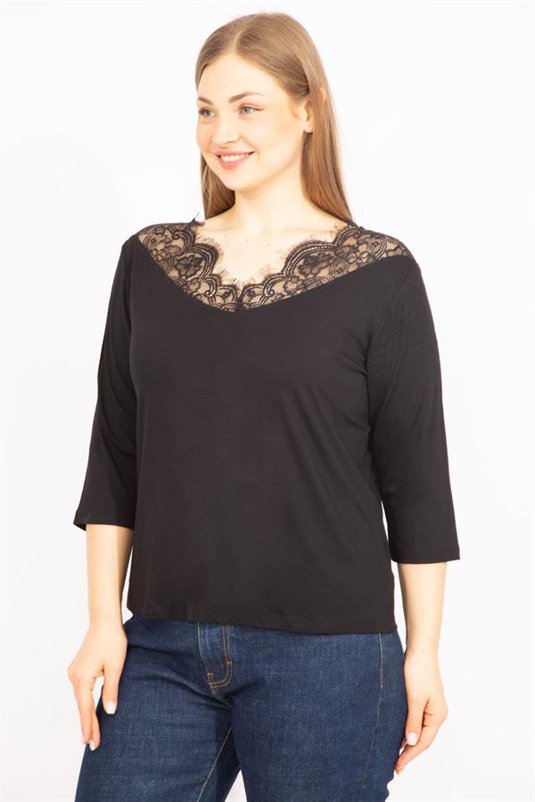 Kadın Siyah Büyük Beden Dantel Detaylı Bluz 65N35576