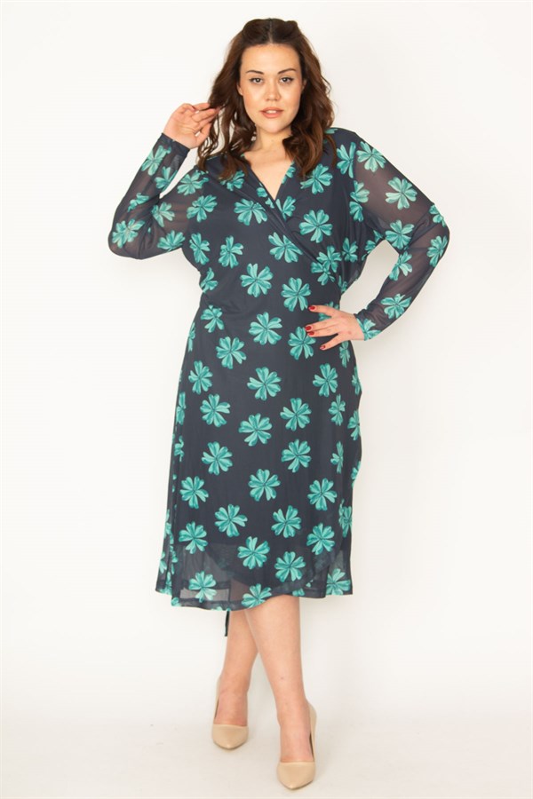 KADIN SİYAH KOLLARI TÜL BEDENİ ASTARLI KUŞAK BAĞLAMALI ÖNÜ AÇIK ANVELOP ELBİSE