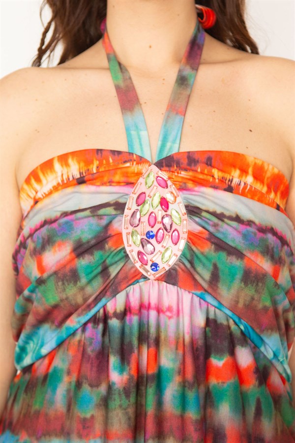 ROBE POUR FEMME BRODÉE DE PIERRES COLORÉES AVEC CRAVATE