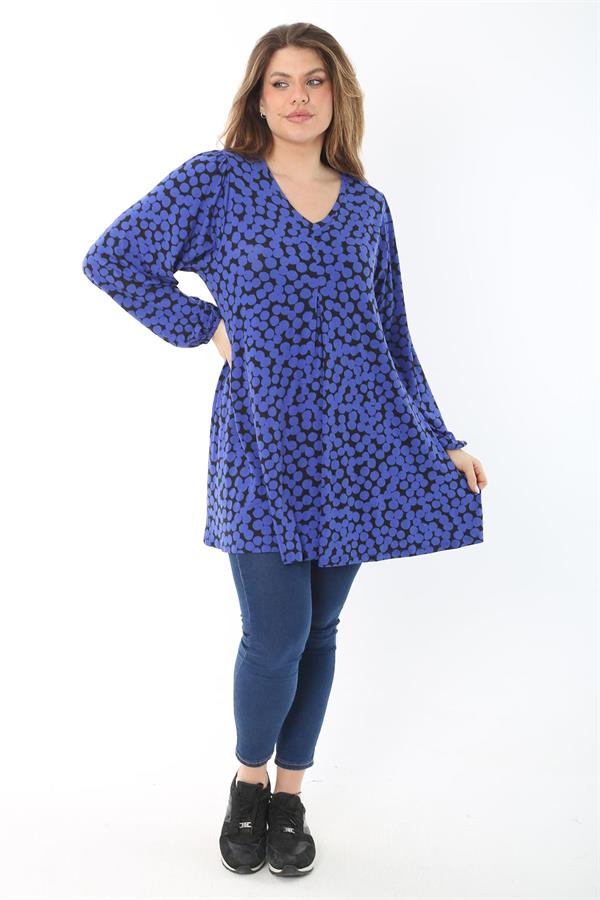 Kadın Büyük Beden Saks Önü A Pileli V Yakalı Bluz 65N37467