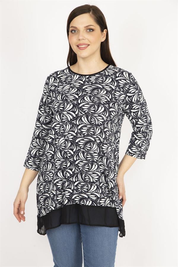 Kadın Lacivert Büyük Beden Etek Ucu Şifon Garnili Tunik