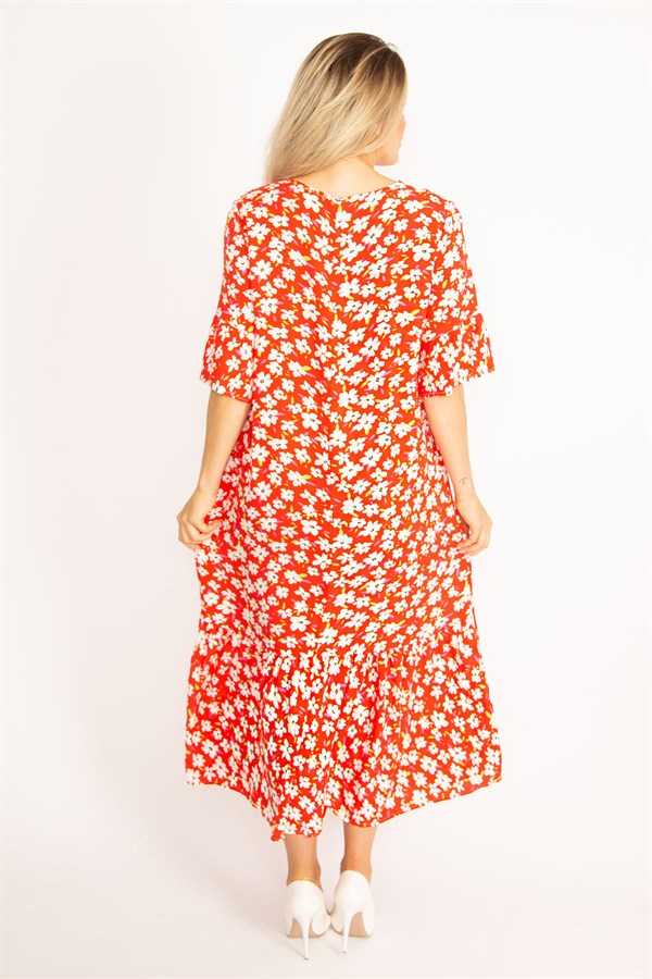 Kadın Kırmızı Dokuma Viskon Kumaş Volan Kollu Etek Ucu Katlı Elbise 65N34435