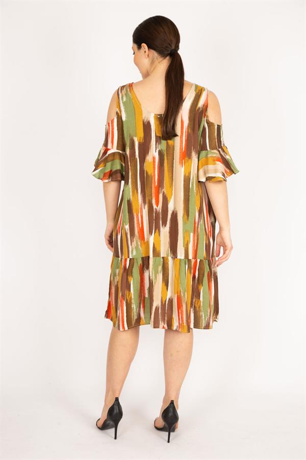 Kadın Fujya Büyük Beden Omuz Dekolteli Dokuma Viskon Kumaş Yan Cepli Elbise