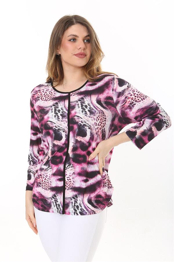 Kadın Büyük Beden Renkli Bisiklet Yakalı Uzun Kollu Bluz 65N37615