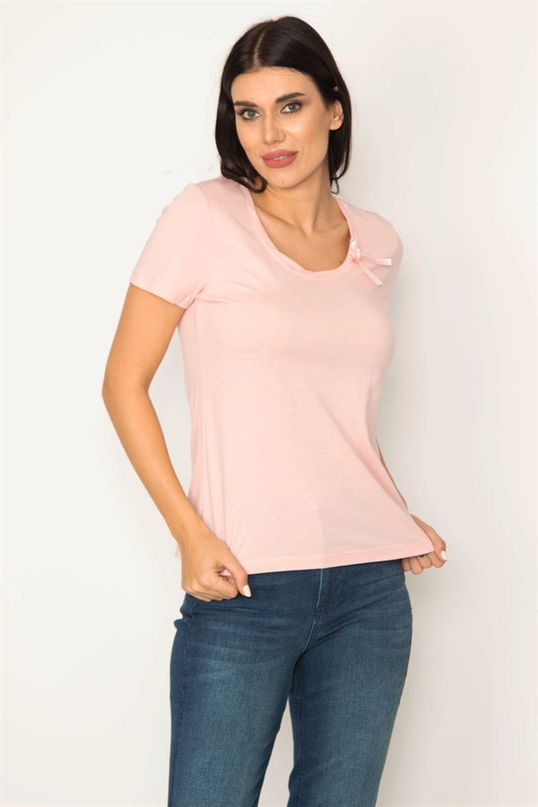 WOMEN'S PINK COTTON FABRIC V-NECK BLOUSE