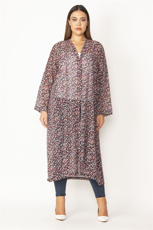 Kadın Kırmızı Şifon Kumaş Desenli Uzun Hırka 65N28497