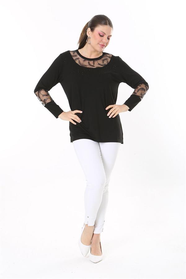 Kadın Büyük Beden Siyah Taş Ve Pul Payet Tül Detaylı Uzun Kollu Bluz 65N37693