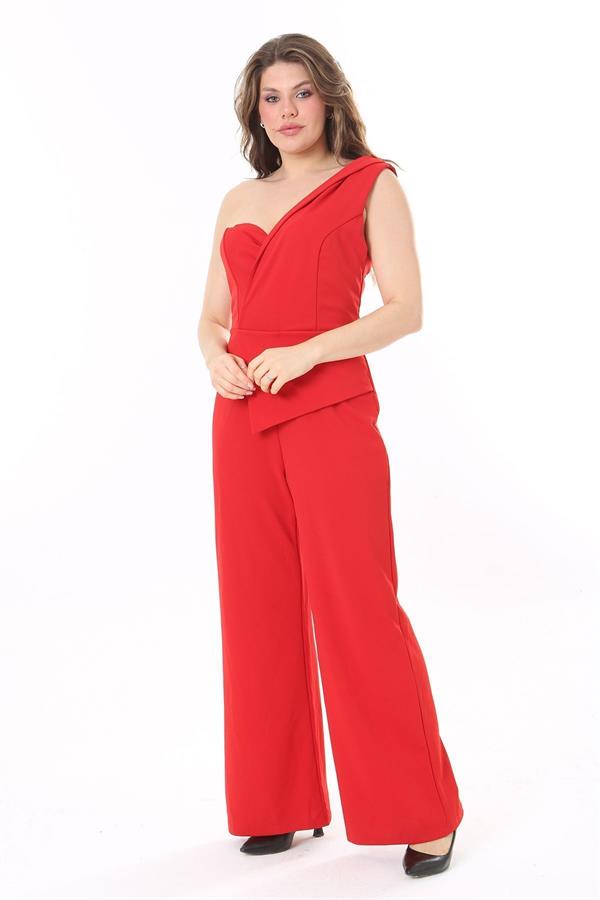 Kadın Büyük Beden Kırmızı Likralı Krep Kumaş Tek Omuz Ve Bel Detaylı Tulum 65N37954