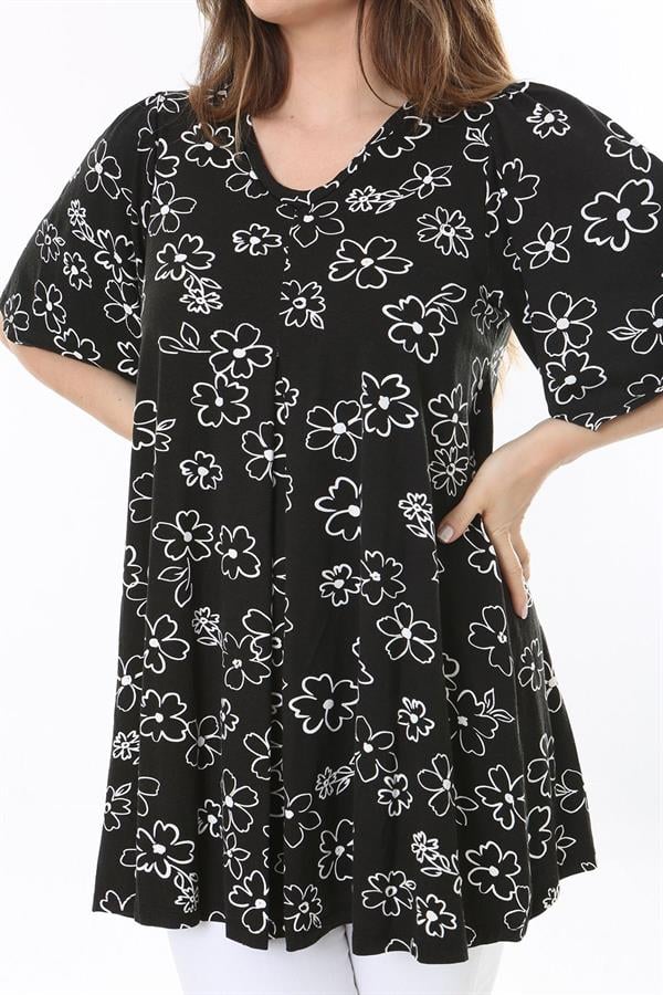 Kadın Büyük Beden Siyah Önü A Pileli V Yakalı Tunik 65N37793