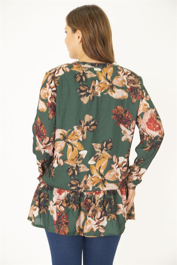 Kadın Büyük Beden Yeşil V Yakalı Etek Ucu Katlı Astarlı Şifon Tunik 65N36955