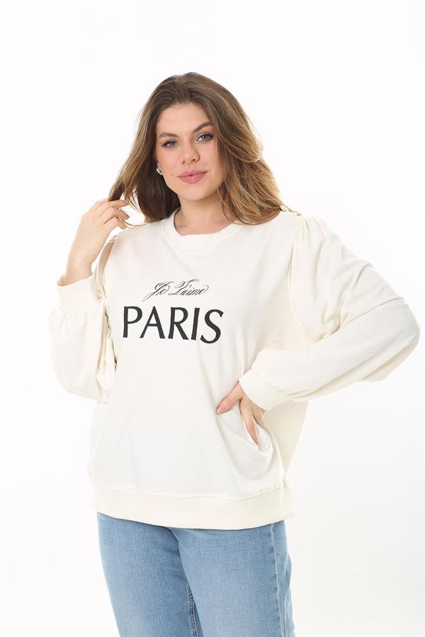 Kadın Büyük Beden Kemik Omuz Büzgülü Nakış Ve Süs Düğme Detaylı Sweatshirt 65N37526