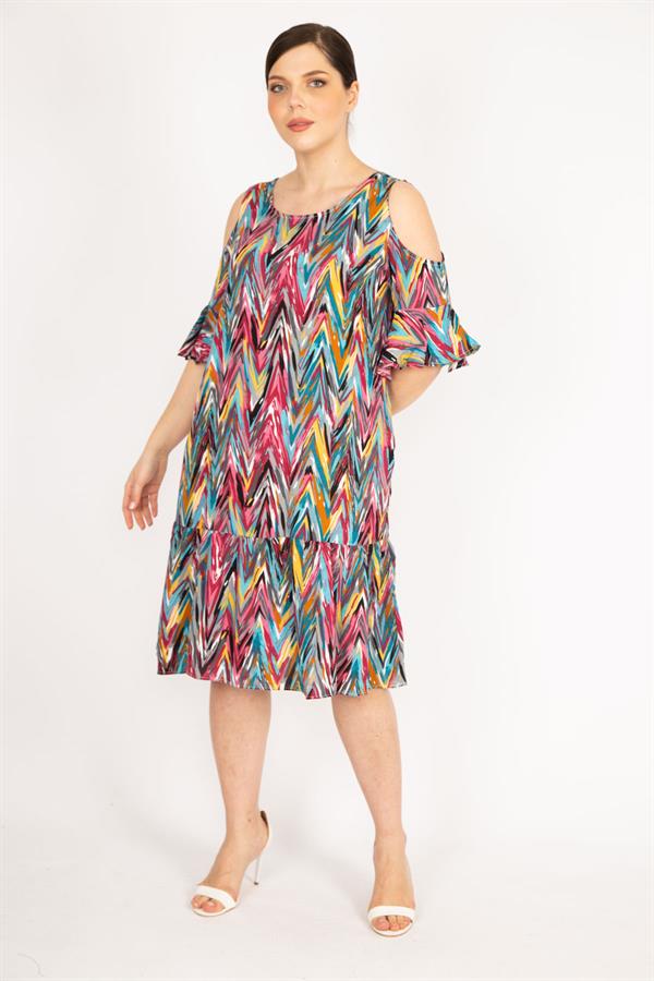 Kadın Fujya Büyük Beden Omuz Dekolteli Dokuma Viskon Kumaş Yan Cepli Elbise