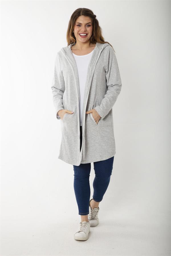 Kadın Büyük Beden Gri Kup Ve Vep Detaylı Kapşonlu Hırka 65N37183