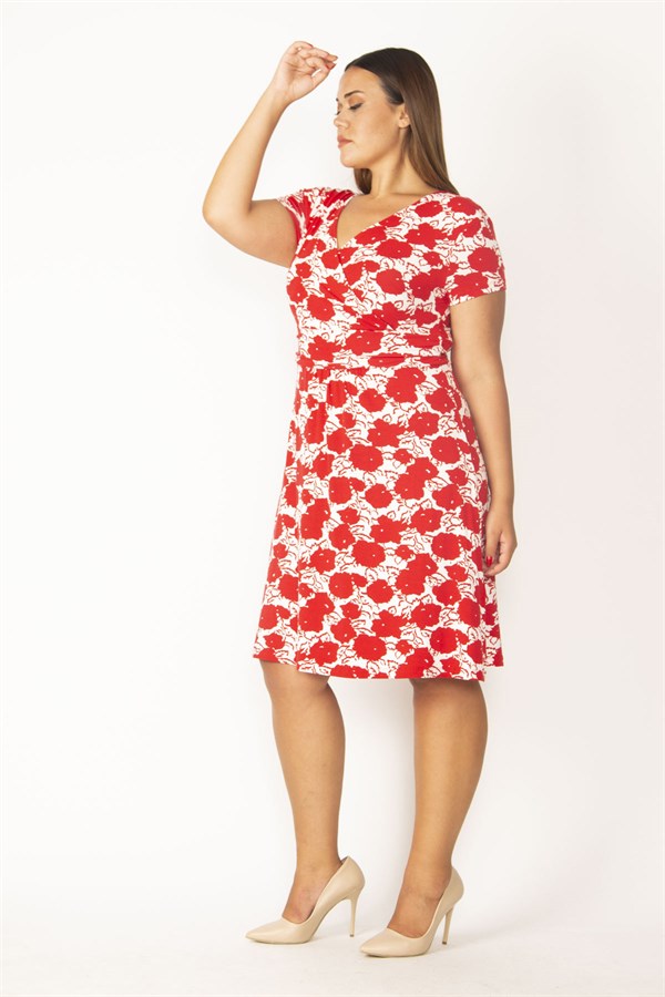 WOMEN'S RED WRAPPED COLLAR FLORAL PATTERNED VISCOSE DRESS