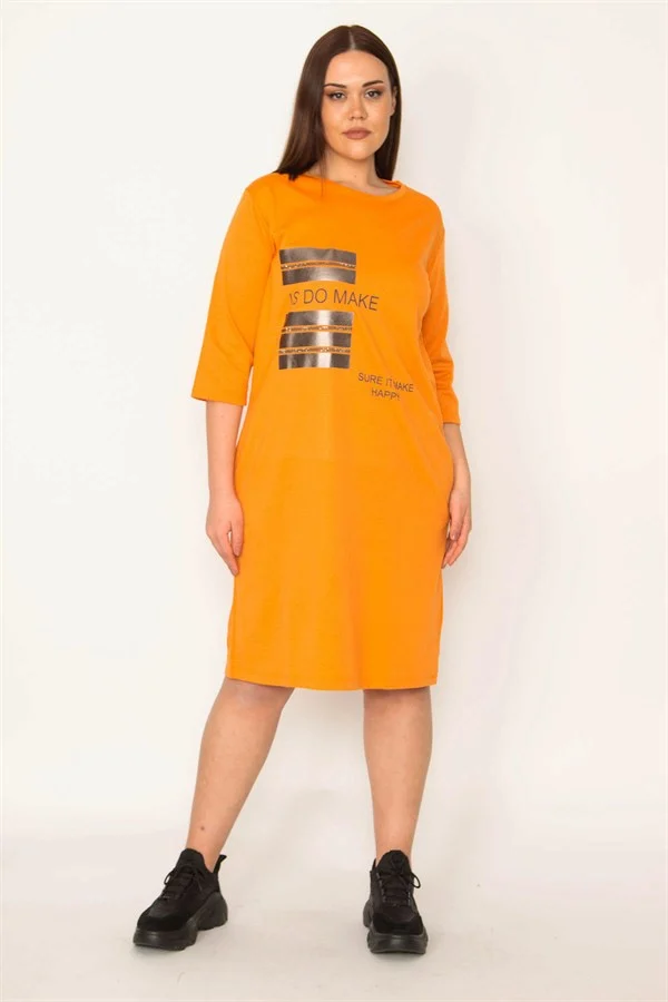 KADIN ORANJ TAŞ VE LAK DETAYLI ELBİSE