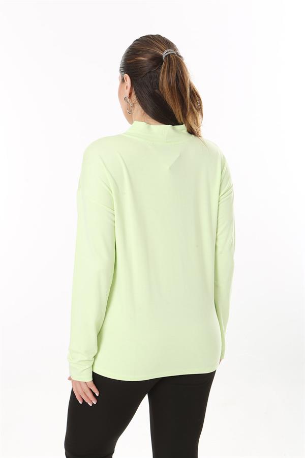 Kadın Büyük Beden Yeşil Sıfır Yaka Taş Detaylı Uzun Kollu Bluz 65N37708
