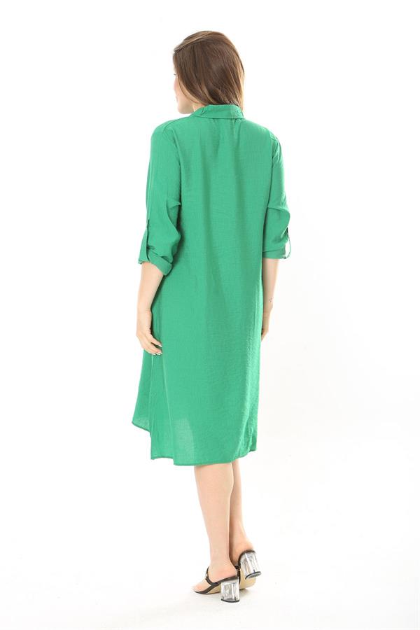 Kadın Büyük Beden Nar Ön Pat Düğmeli Süs Göğüs Cepli Kol Boyu Ayarlı Elbise 65N37871