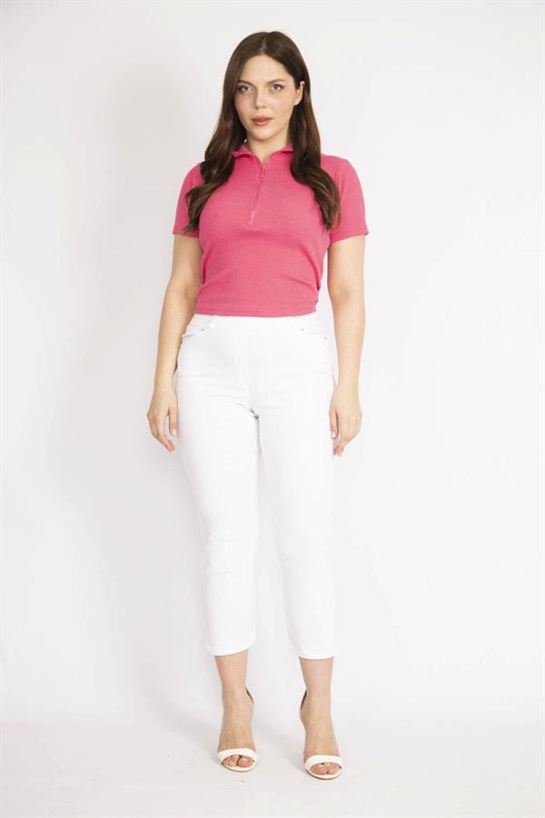 Kadın Beyaz Büyük Beden Ön Cepli Gabardin Kumaş Tayt