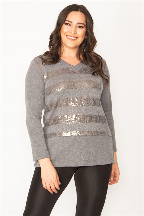 Kadın Gri Pul Payet Detaylı V Yaka Bluz 65N30407