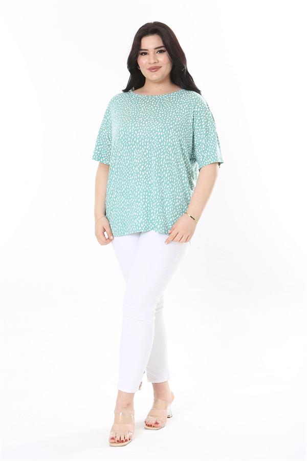 Kadın Büyük Beden Yeşil Bisiklet Yakalı Kısa Kollu Likralı Viskon Bluz 65N38000