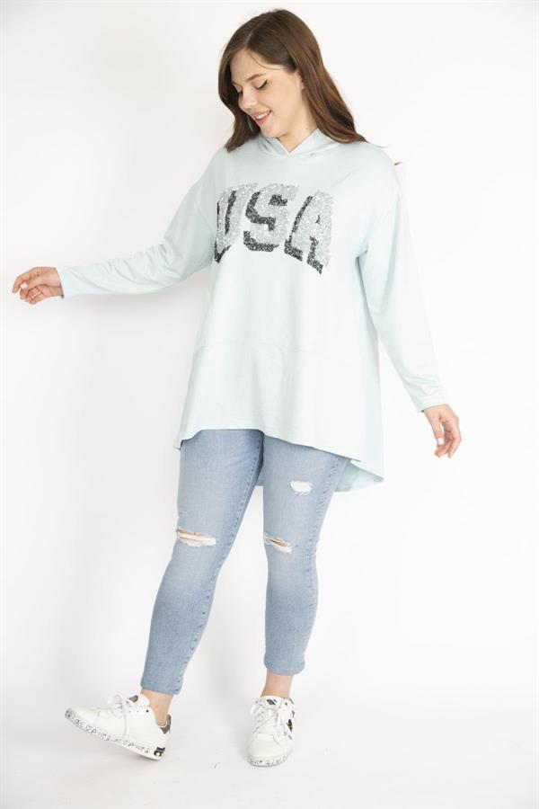 Kadın Bebe Mavisi Büyük Beden Payet Detaylı Kapşonlu Arkası Uzun Sweatshirt