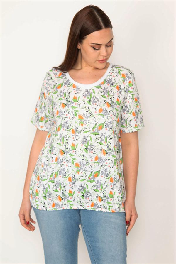 KADIN KEMİK PAMUKLU KUMAŞ BİSİKLET YAKALI ETEK UCU LASTİKLİ ÇİÇEK DESENLİ BLUZ