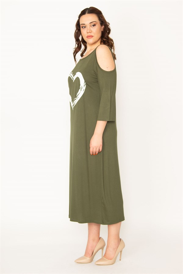 KADIN HAKİ OMUZ DEKOLTELİ ÖN BASKILI ELBİSE