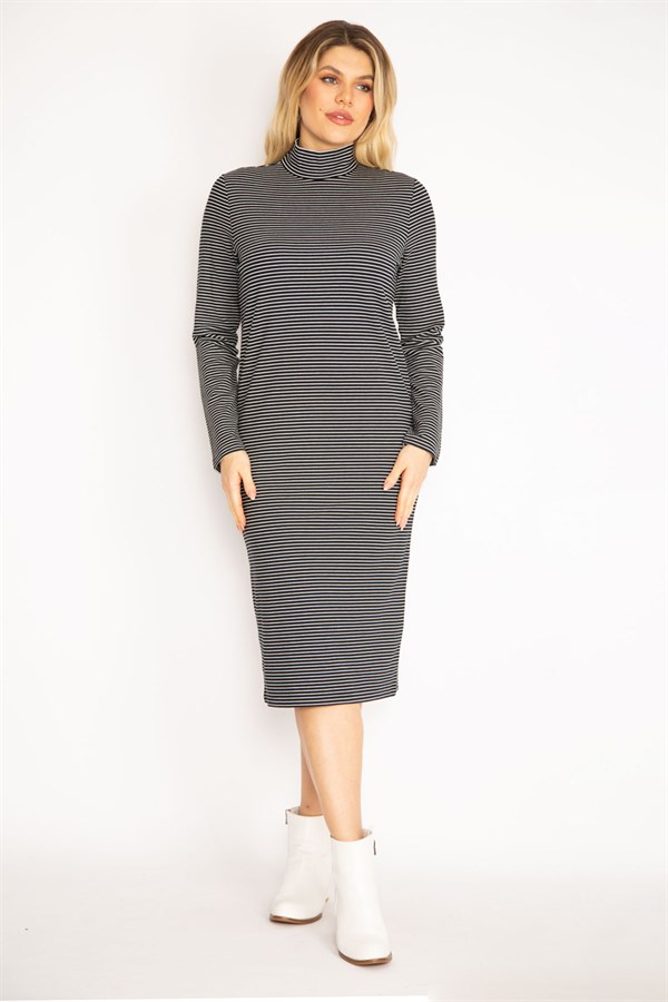 Kadın Siyah Balıkçı Yaka Çizgi Detaylı Viskon Elbise 85N7268