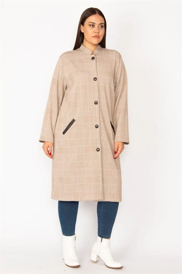 Hakim Yaka Ekose Desenli Ön Boy Baskı Düğmeli Cep Ağzı Suni Deri Garnili Astarsız Uzun Kap