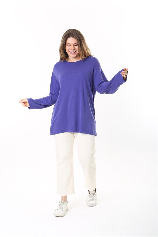 Kadın Büyük Beden Eflatun Bisiklet Yakalı Uzun Kollu Bluz 65N37498