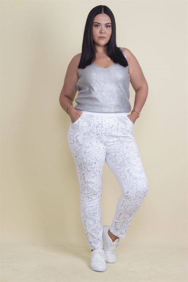 Kadın Beyaz Lak Desenli Bel Lastikli Cepli Pantolon 65N17892