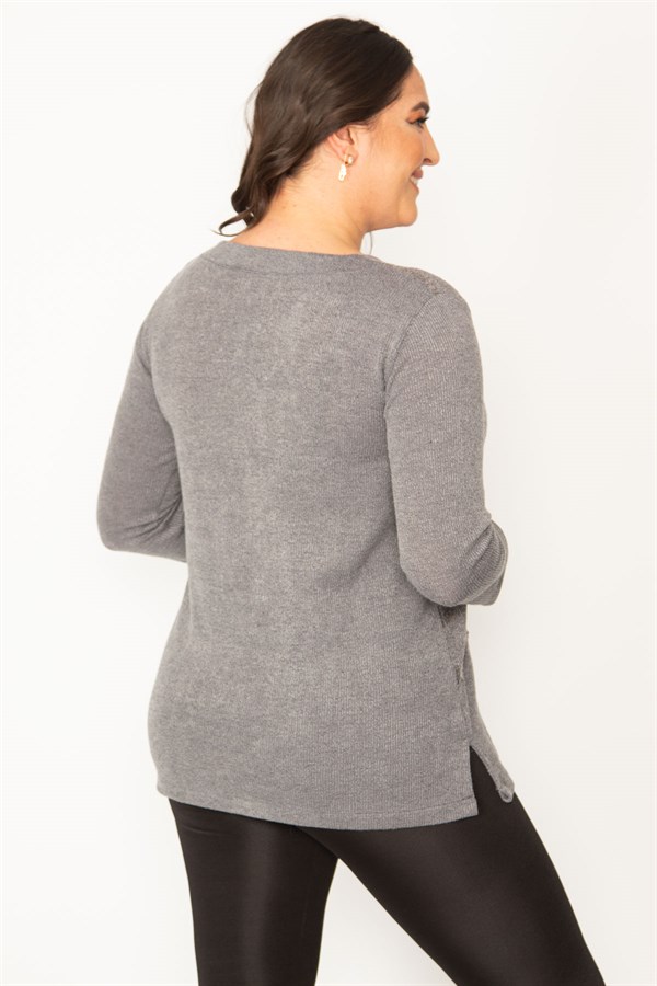Kadın Gri Pul Payet Detaylı V Yaka Bluz 65N30407