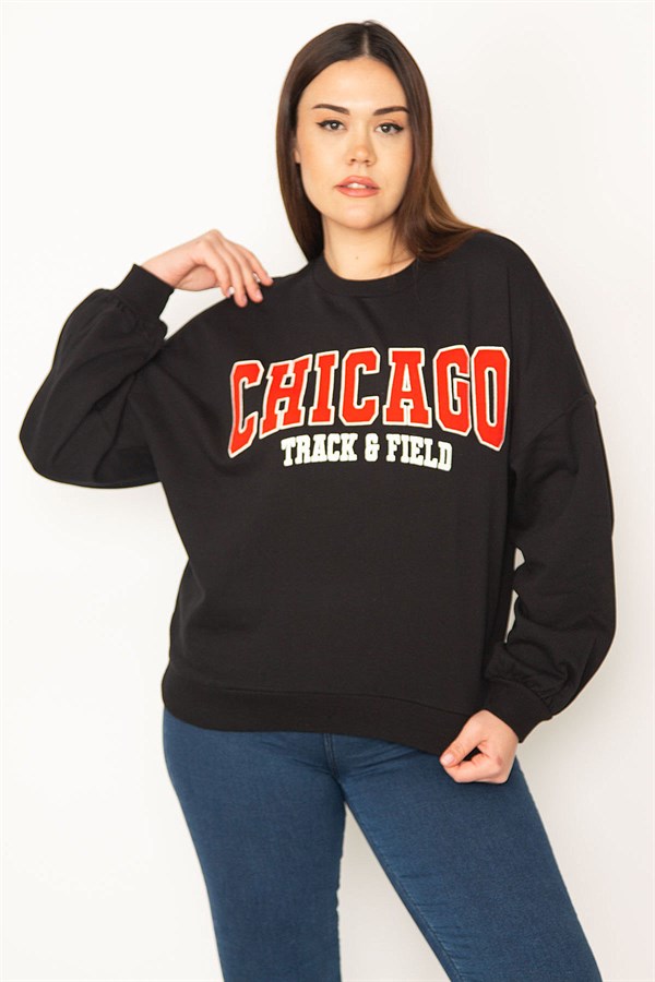 Kadın Siyah Nakış Detaylı Ribanalı Sweatshirt 65N31390