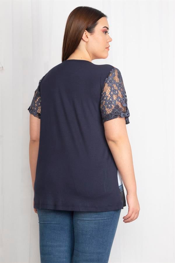 Kadın Lacivert Kolları Dantel Detaylı Desenli Bluz 65N22466