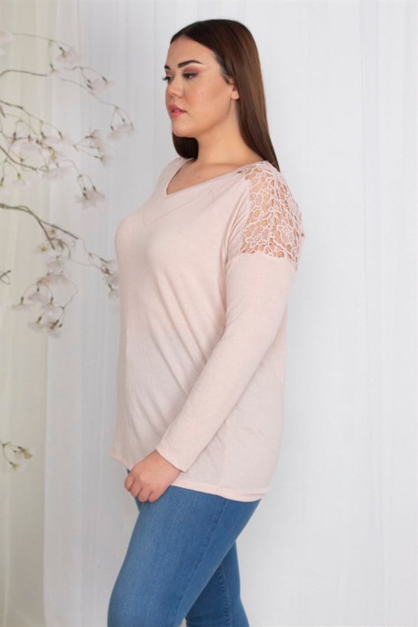 Kadın Pudra Omuz Ve Arka Robası Dantelli Reglan Kol Bluz 65N26371