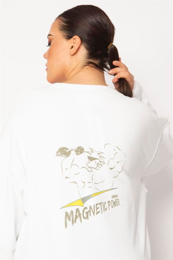 Kadın Kemik Pamuklu Kumaş Bisiklet Yakalı Sırt Baskı Detaylı Sweatshirt 65N28712