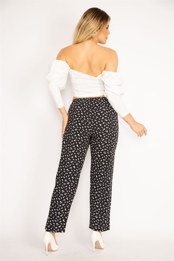 Kadın Siyah Beli Lastikli Çiçek Desenli Cepli Pantolon 65N34677