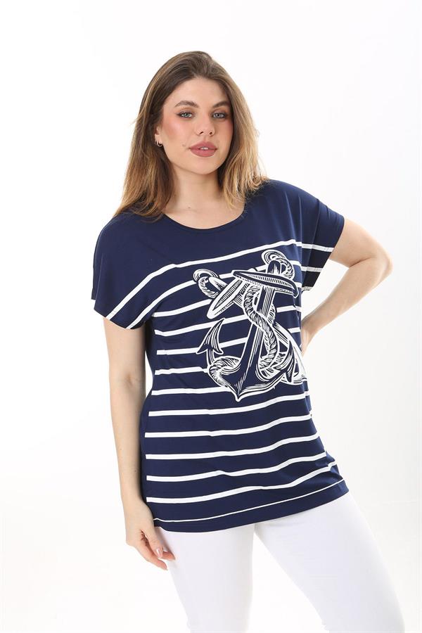 Kadın Büyük Beden Lacivert Bisiklet Yakalı Ön Desenli Kısa Kollu Bluz 65N37639