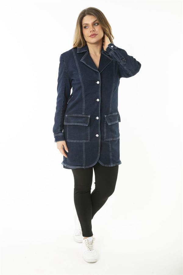 MANTEAU FEMME EN DENIM LYCRA BLEU MARINE AVEC BOUTON ET POCHE DEVANT